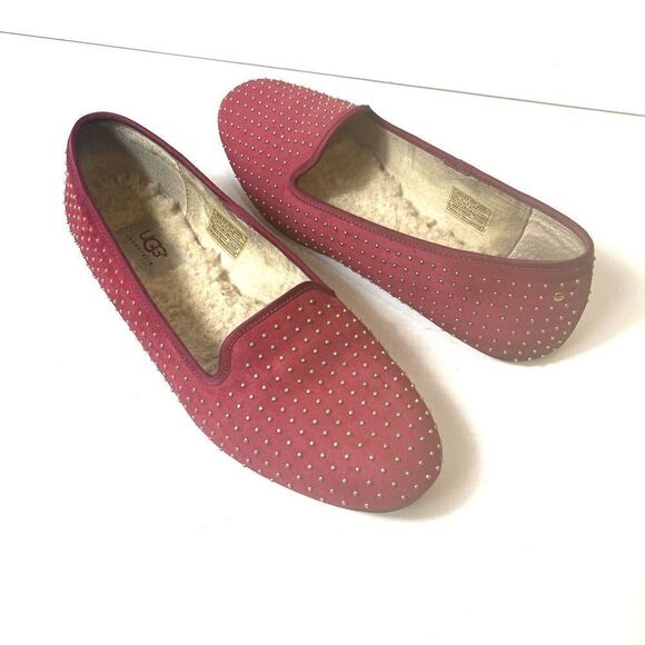 Ugg Ballet Flats Womens Sz 9.5 Red Gold Tone Polka Dot Leather Slip On Sheepskin - Picture 5 of 13
